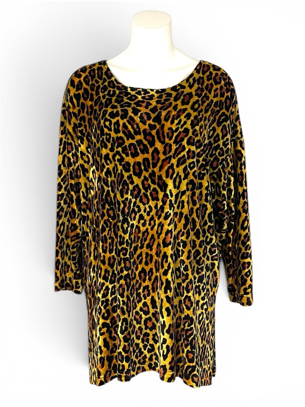 Vintage Leopard Velour Mini Dress, Long Sleeve Oversized Velvet Tunic Tee Medium